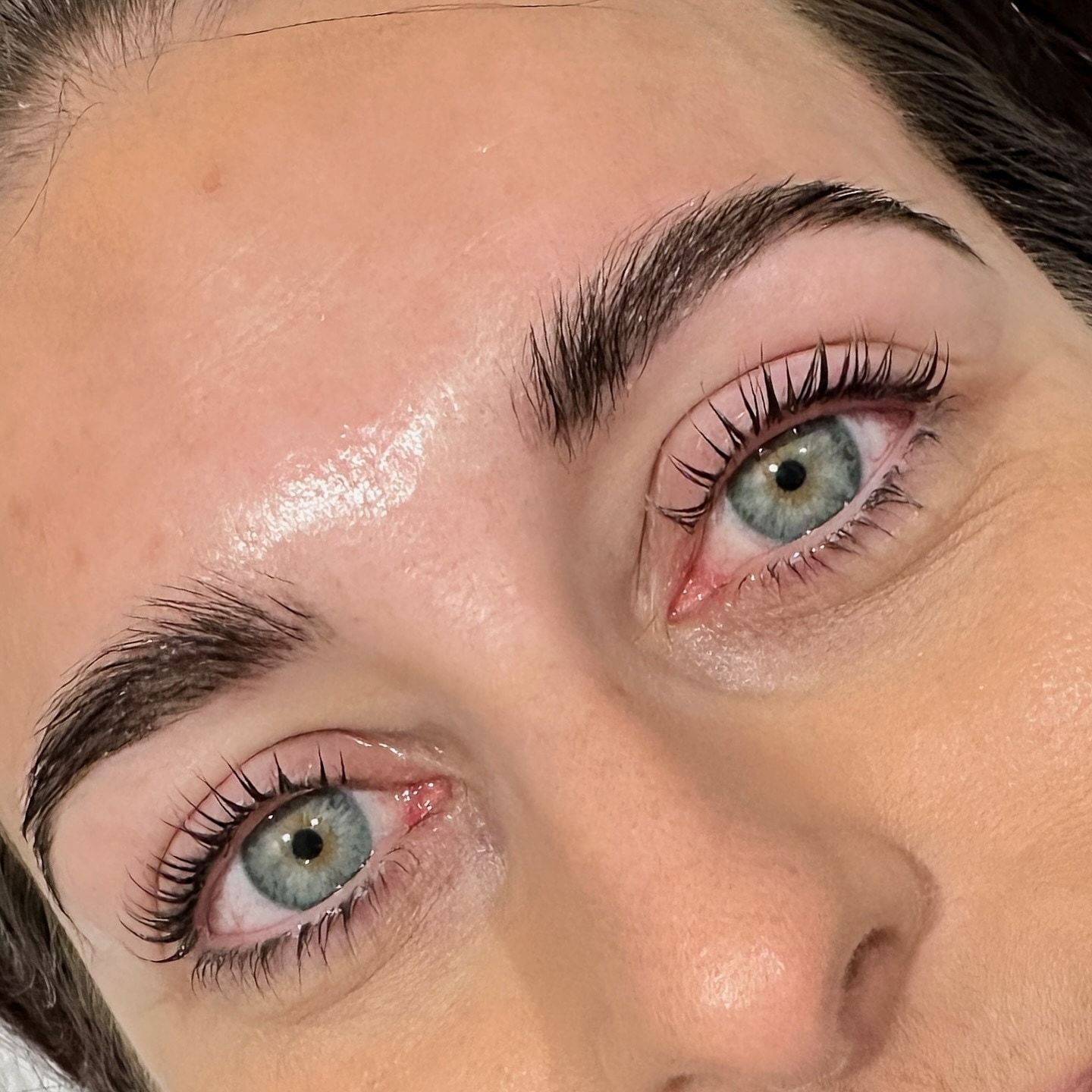 Close-up of lifted lashes and groomed brows