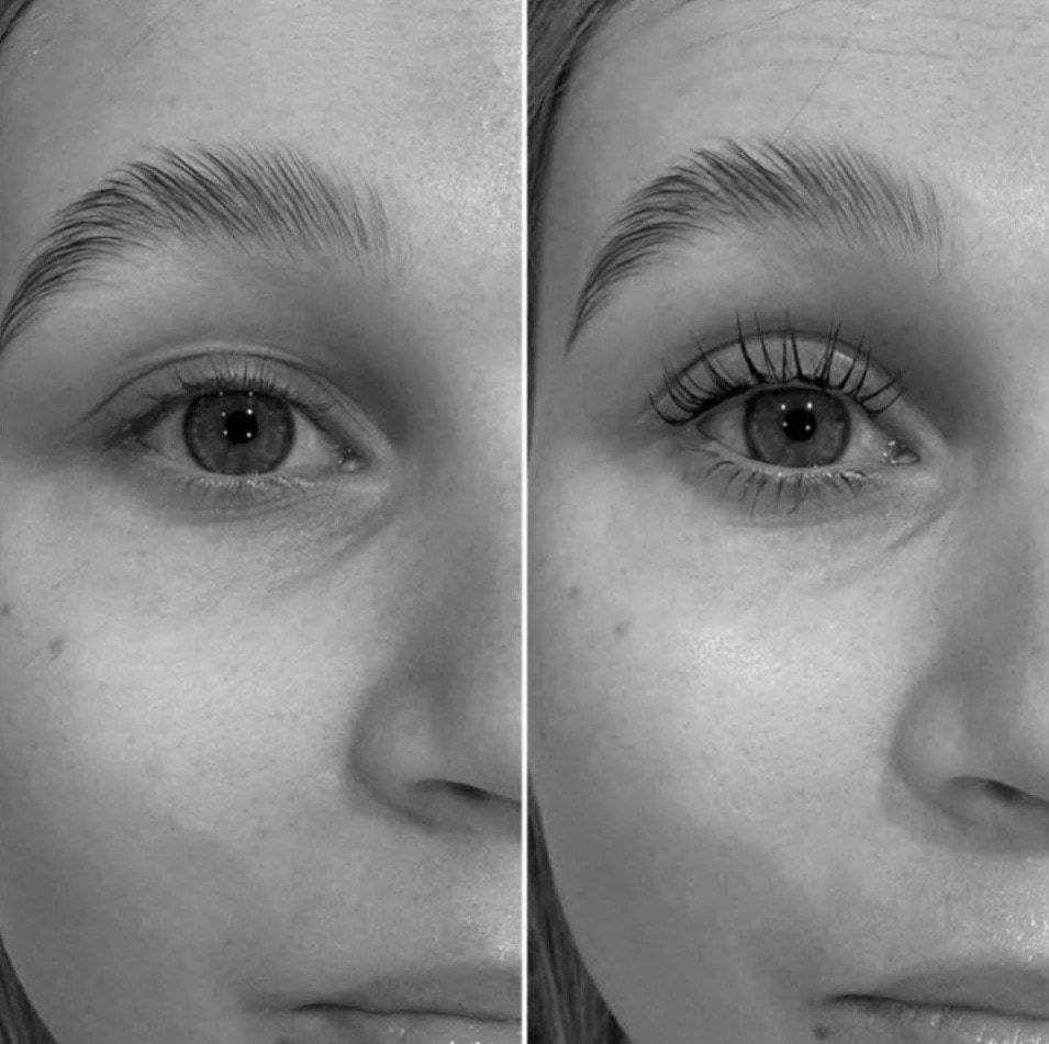 Before and after a YUMI lash lift, side by side in black and white